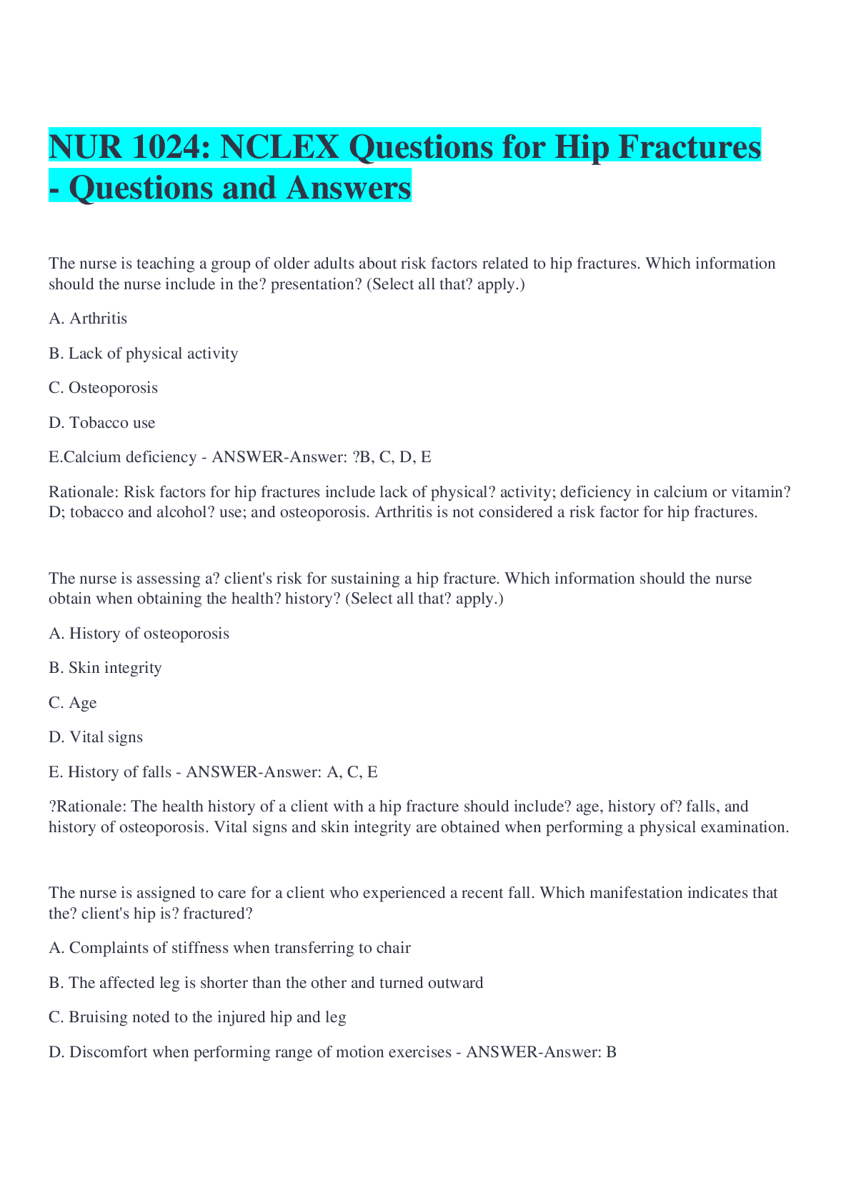 Preview image for NUR 1024: NCLEX Questions for Hip Fractures- Questions and Answers